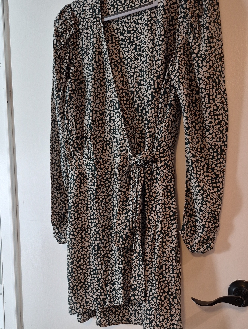 Free People Black & Beige Floral Wrap Dress with Tie Waist